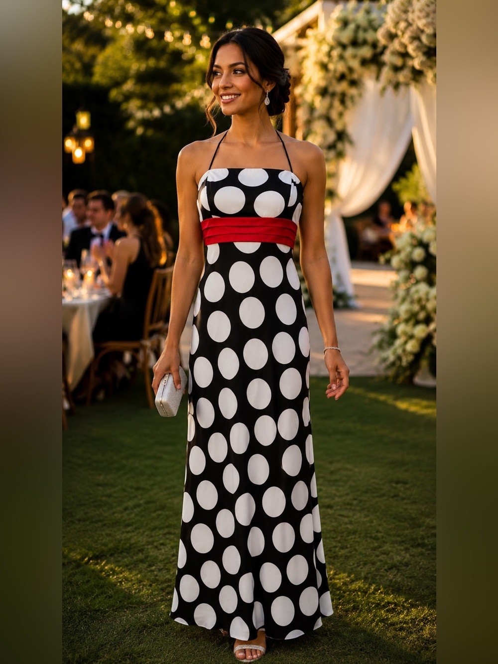 Betsy & Adam Black and White Polka Dot Satin Maxi Dress with Red Waist Sash